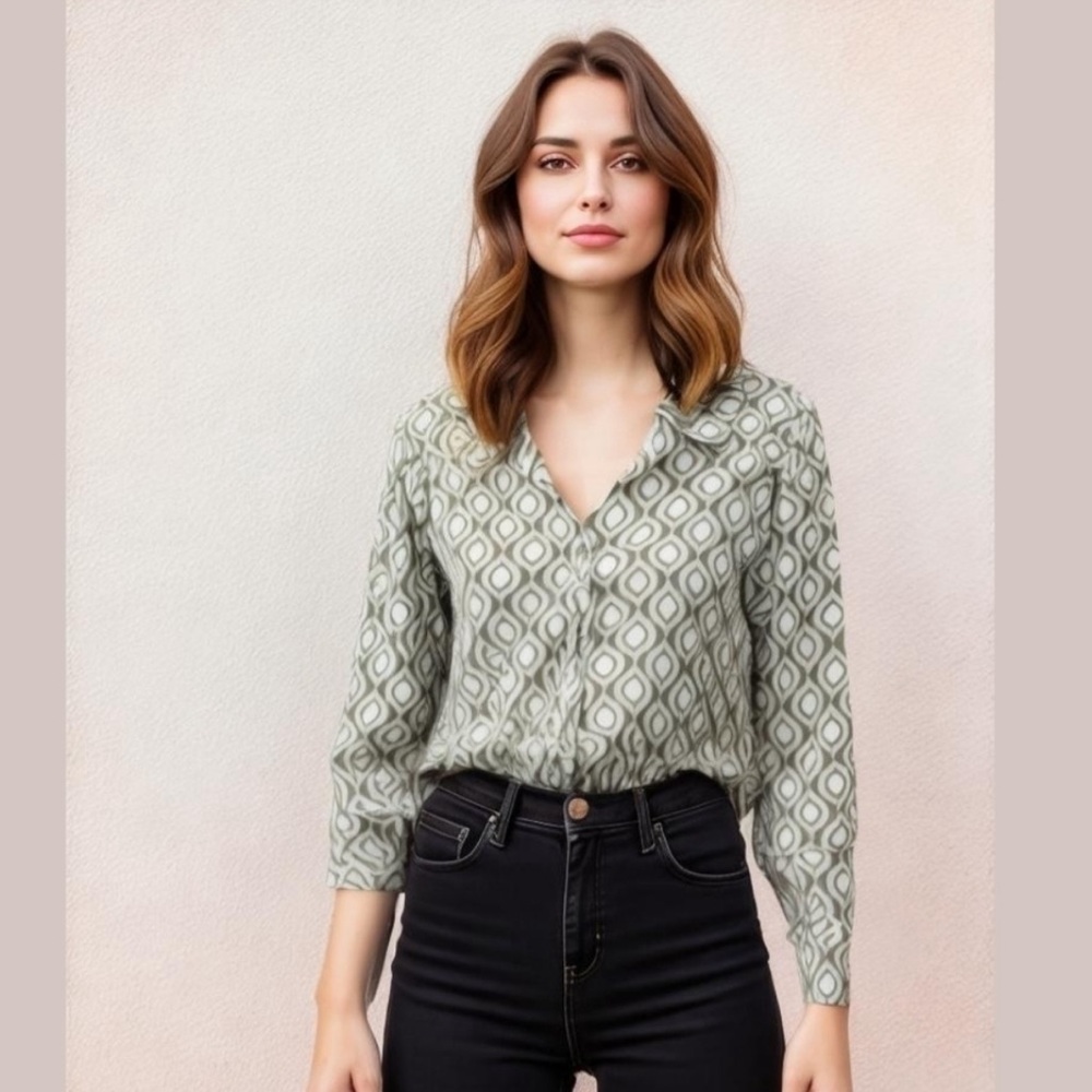 No Boundaries Olive Geometric Button Down Shirt